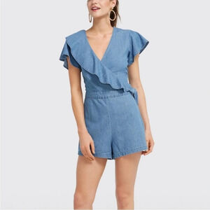 Draper James Chambray Ruffle Surplice Wrap Romper
